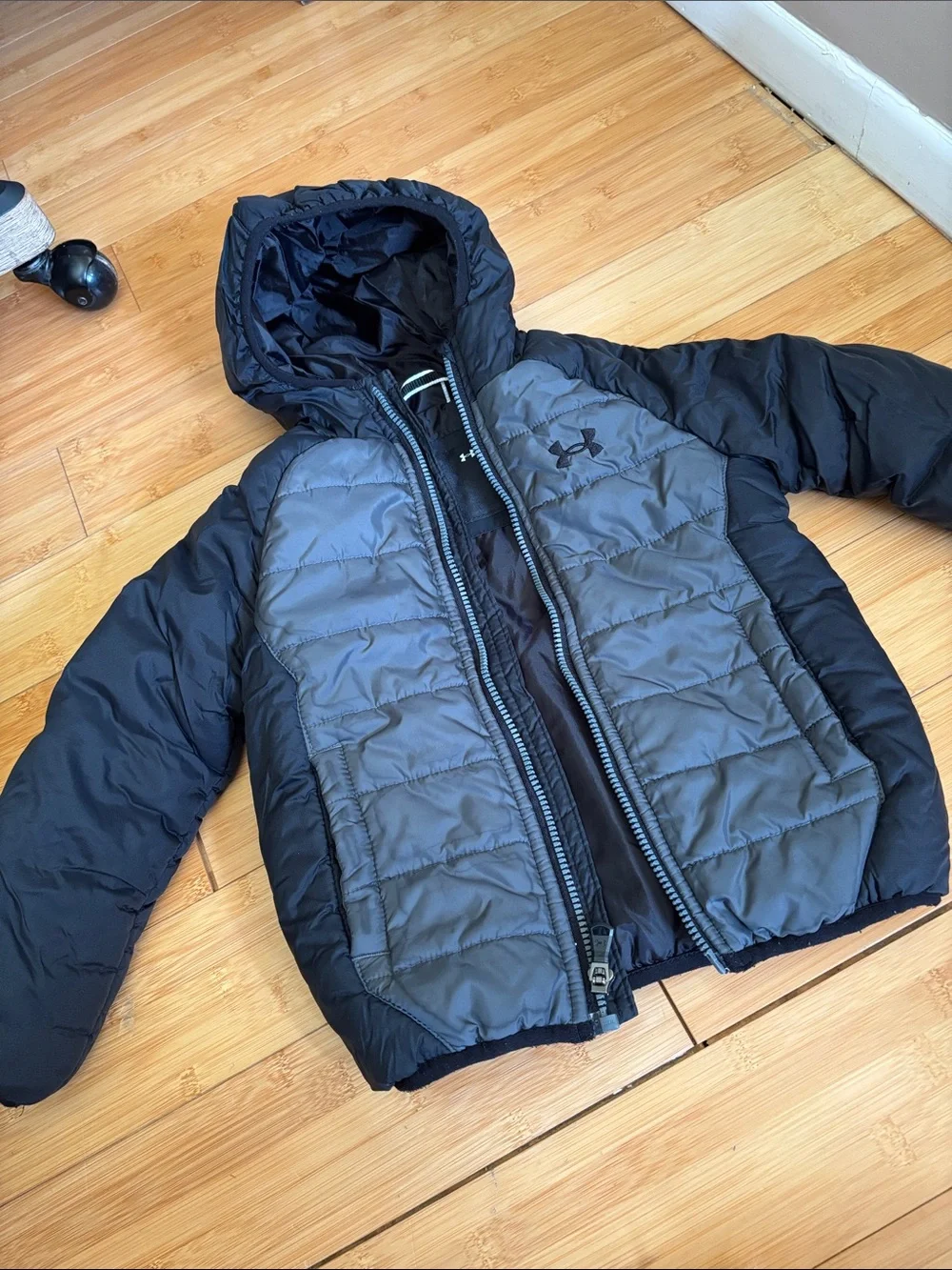 Under Armour Kids Black and Gray Hooded Puffer Jacket